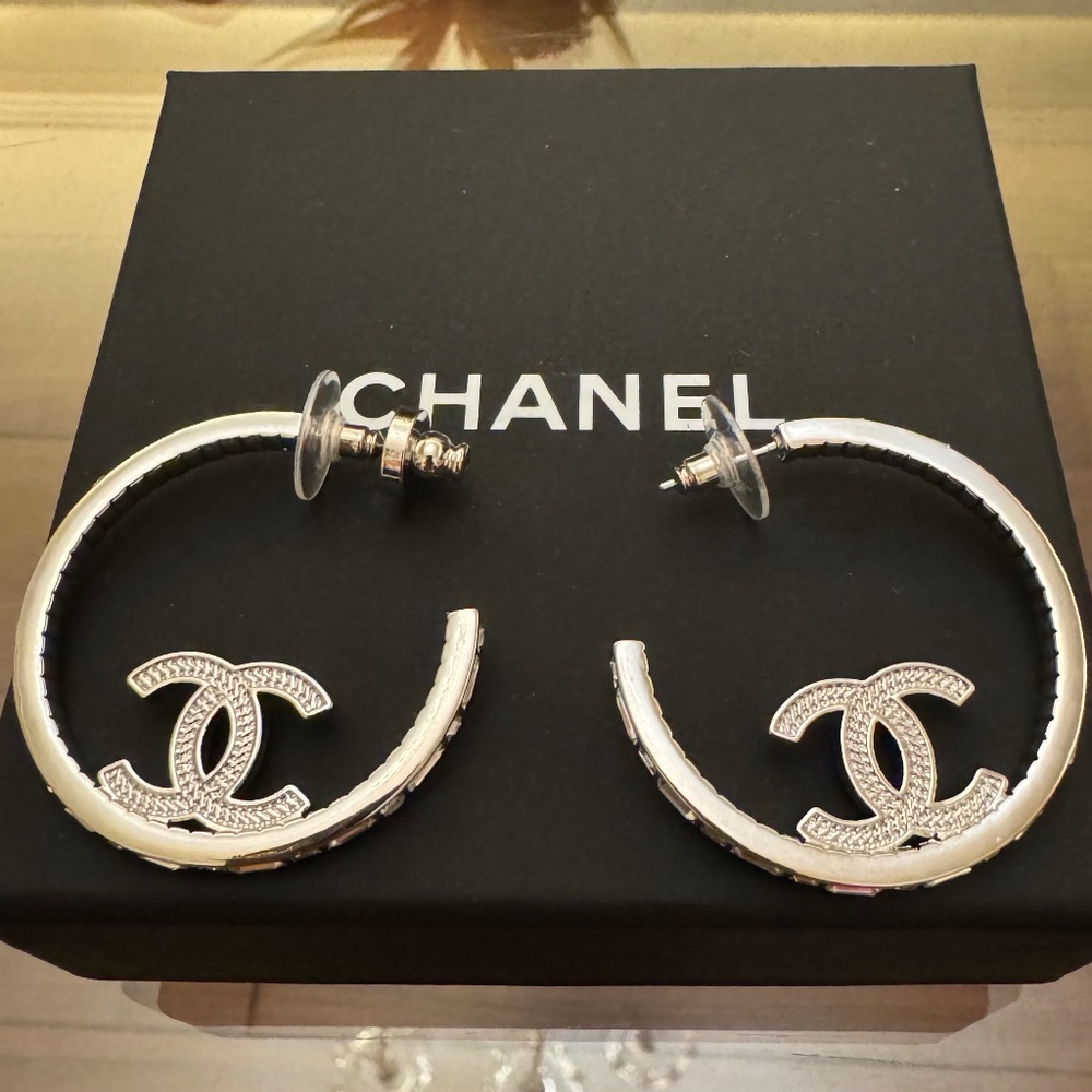 Super Rare Limited Edition Classic Chanel CC Logo Crystal Hoop Earrings